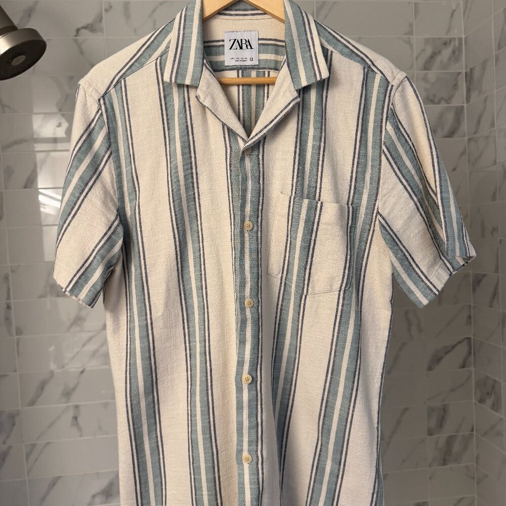 Zara Large Short Sleeve Button-Down — White with Teal Stripes